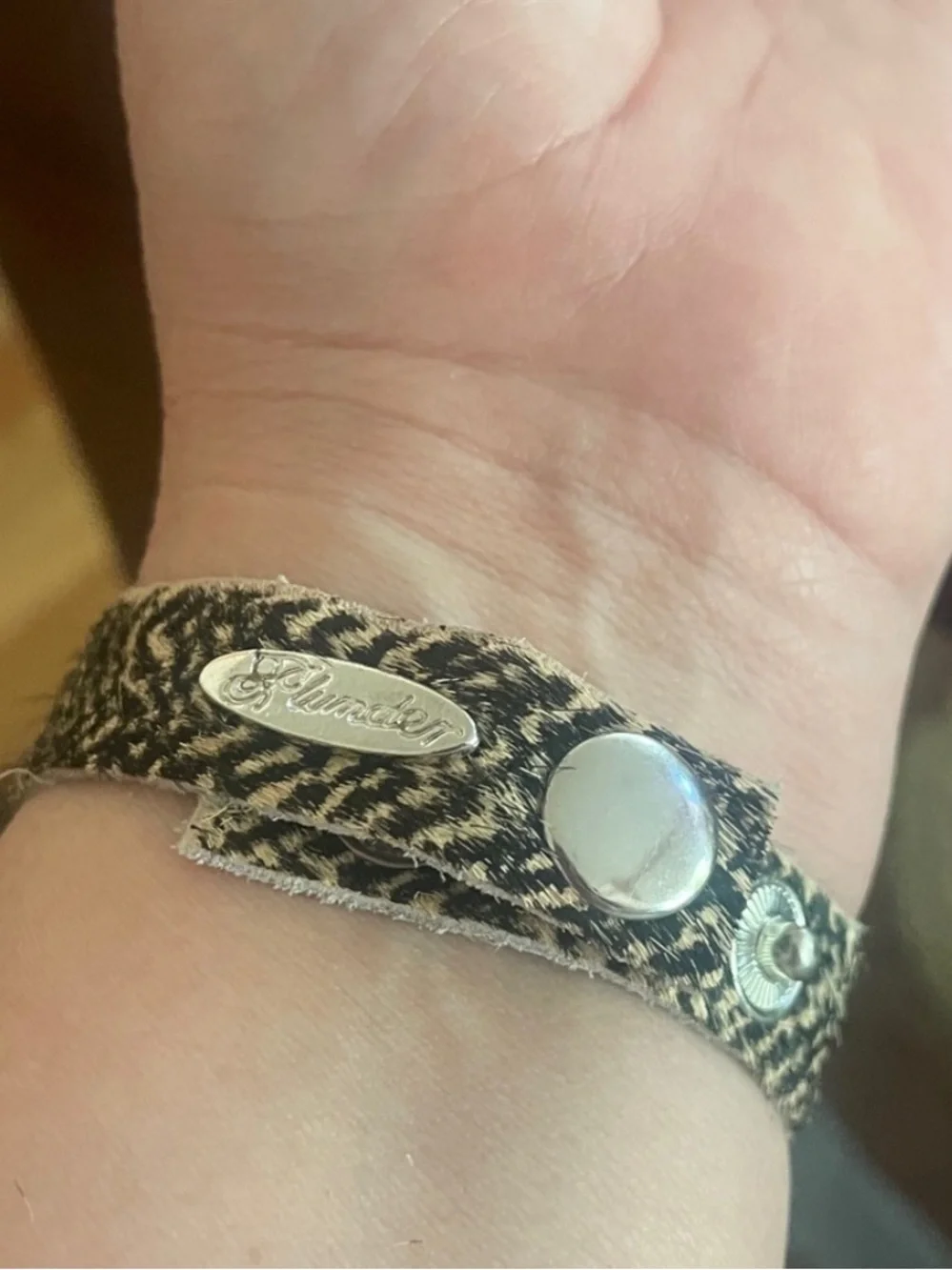 Plunder Brown Zebra Print Leather Snap Bracelet. Silver rectangular ID tag. NEW